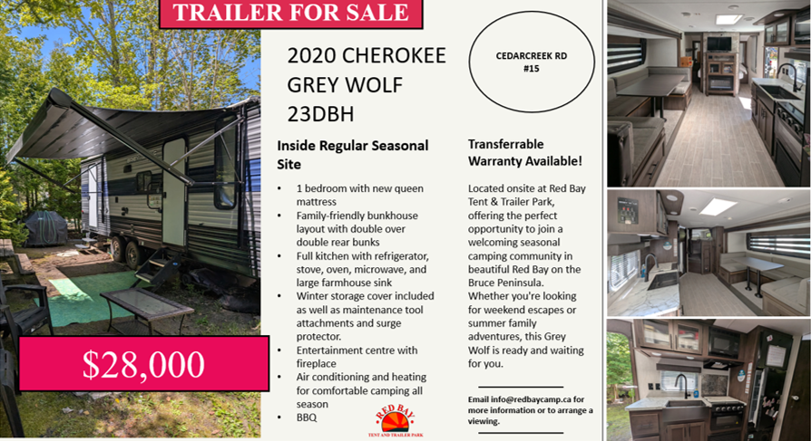 Promotional flyer advertising a 2020 Cherokee Grey Wolf 23DBH travel trailer for sale at Red Bay Tent & Trailer Park. The flyer features a large exterior photo of the trailer on a wooded seasonal campsite with a red price banner displaying $28,000. Multiple interior photos show the dinette, kitchen, bunk beds, and living area. Text highlights include a private bedroom with a new queen mattress, double-over-double bunk beds, full kitchen, air conditioning, heating, fireplace, BBQ, winter storage cover, surge protector, and transferable warranty. The trailer is located on Cedarcreek Road Site #15, and the flyer invites buyers to join the seasonal camping community in Red Bay on the Bruce Peninsula.