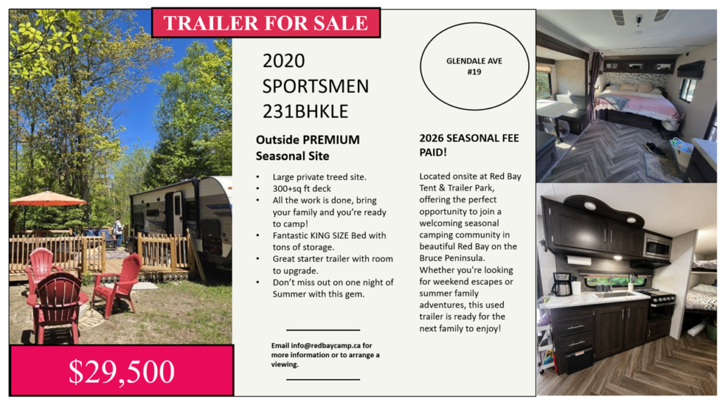 Promotional trailer-for-sale flyer for a 2020 Sportsmen 231BHKLE seasonal trailer located at Glendale Ave #19 at Red Bay Tent & Trailer Park. The layout includes a large outdoor photo of the trailer site featuring a private treed lot with a wooden deck, red Adirondack chairs, and a trailer. Interior photos on the right show the bedroom/living area and kitchen with dark cabinetry and bunk beds. The center section highlights features including a large private seasonal site, 300+ sq ft deck, king-size bed with storage, and a paid 2026 seasonal fee. Price displayed at the bottom: $29,500. Contact information is listed for inquiries and viewing arrangements.