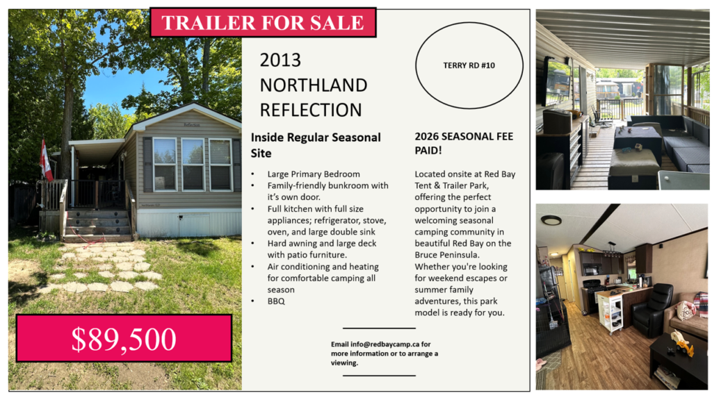 Flyer advertising a 2013 Northland Reflection trailer for sale, featuring exterior, deck, and interior photos with details about amenities and a listed price of $89,500.