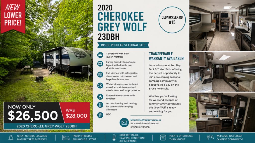 2020 Cherokee Grey Wolf 23DBH travel trailer for sale at Red Bay Tent & Trailer Park. Family-friendly bunkhouse layout, transferable warranty, private wooded seasonal site, and now reduced to $26,500.