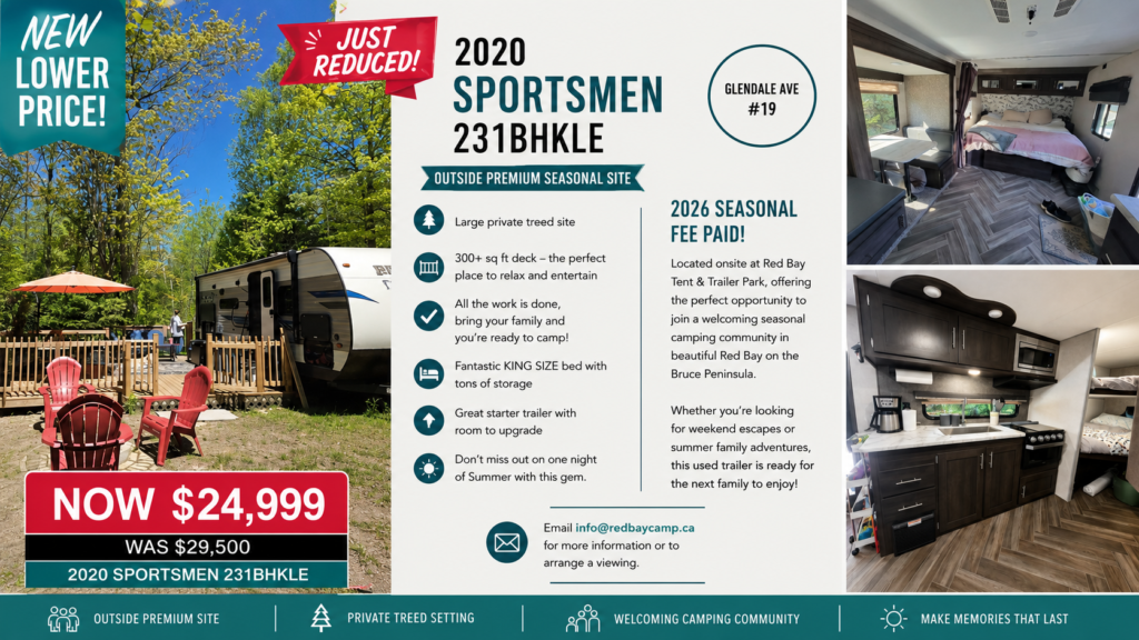 2020 Sportsmen 231BHKLE travel trailer for sale at Red Bay Tent & Trailer Park. Premium private seasonal site with large deck, modern interior, king bed, 2026 seasonal fees paid, now reduced to $24,999.